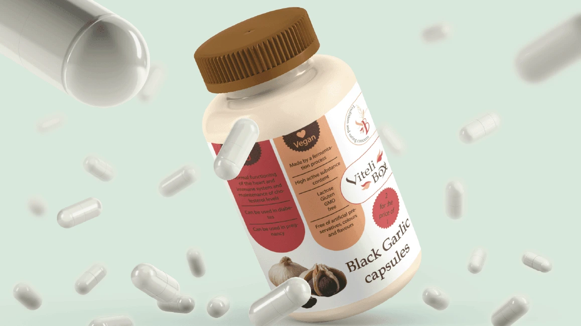 Csomagolástervezés: Viteli Box étrend-kiegészítő termékcímke és 3D-s mockup.