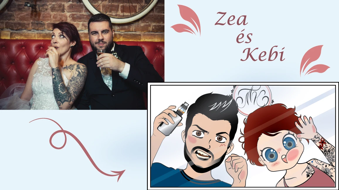 Egyedi portré illusztráció kollázs esküvői fotóról és a párról készült rajzfilm-verzióról.